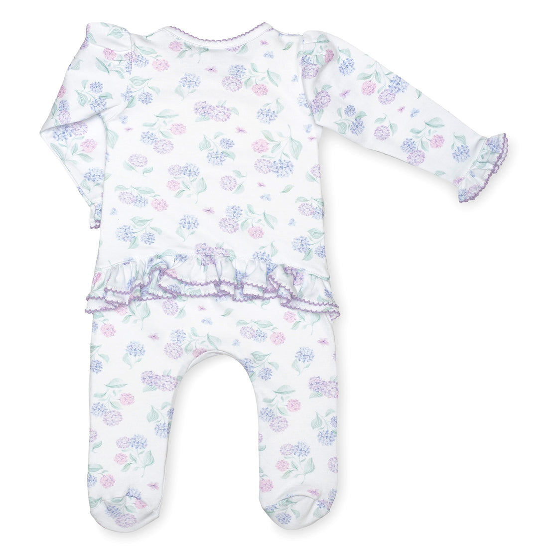 pima cotton baby one-piece zipper ruffle footie with watercolor hydrangea print