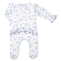 pima cotton baby one-piece zipper ruffle footie with watercolor hydrangea print