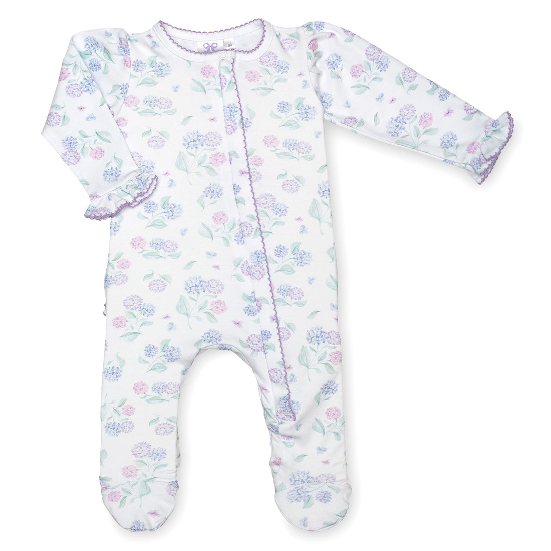 pima cotton baby one-piece zipper ruffle footie with watercolor hydrangea print