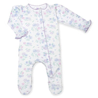 pima cotton baby one-piece zipper ruffle footie with watercolor hydrangea print