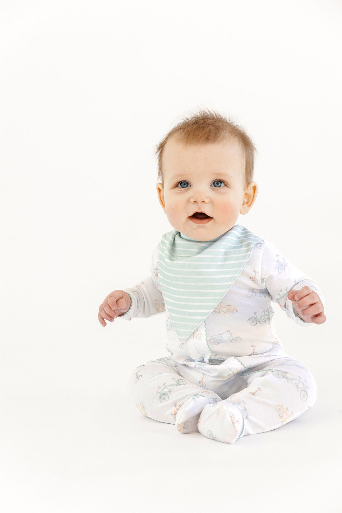 bicycle print footie with sage stripe bandana baby bib