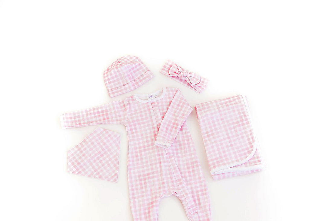 pima cotton pink gingham baby accessories