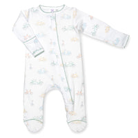 pima cotton baby one-piece zipper footie with watercolor bicycle print