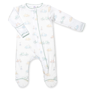 pima cotton baby one-piece zipper footie with watercolor bicycle print