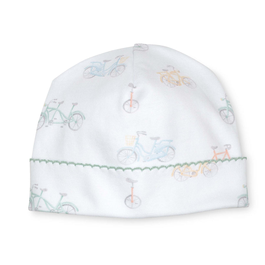 pima cotton baby beanie hat with watercolor bicycle print