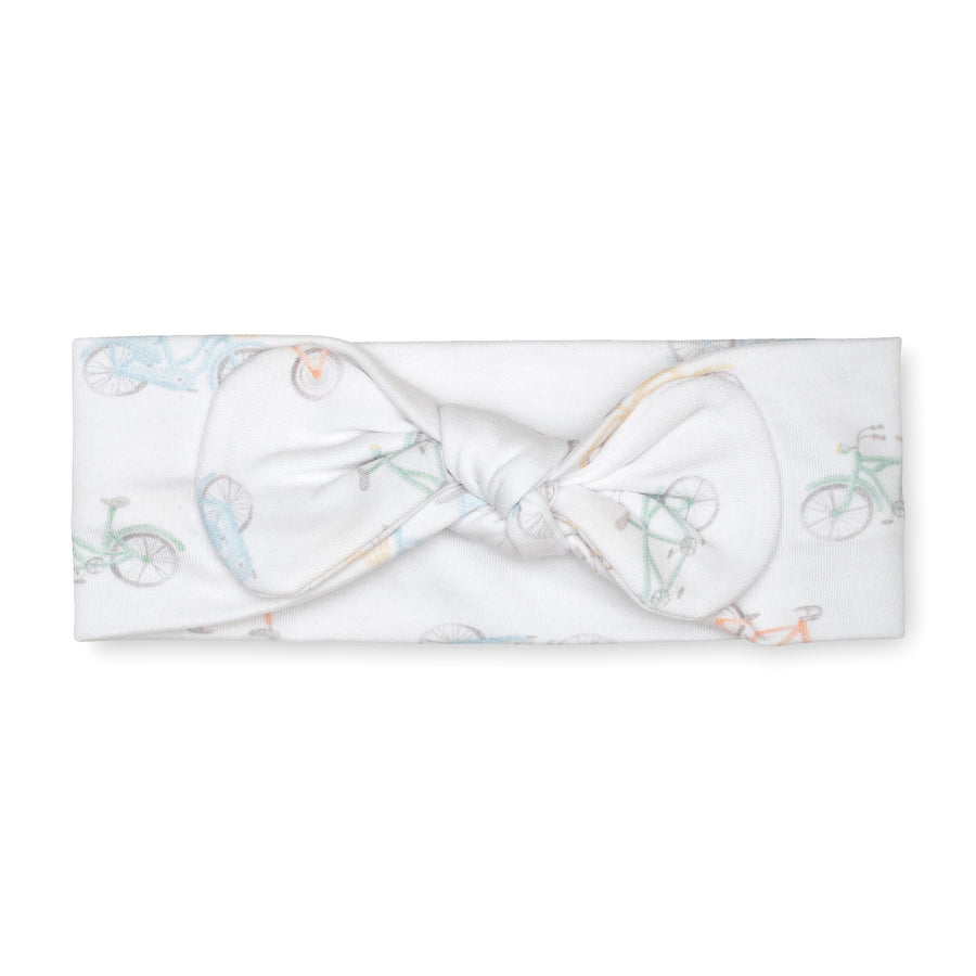 pima cotton baby knotted bow headband with watercolor bicycle print