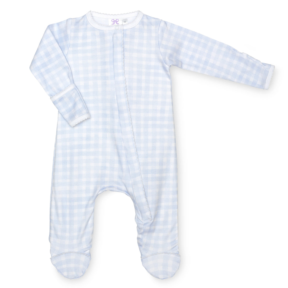 pima cotton baby one-piece zipper footie with watercolor blue gingham print