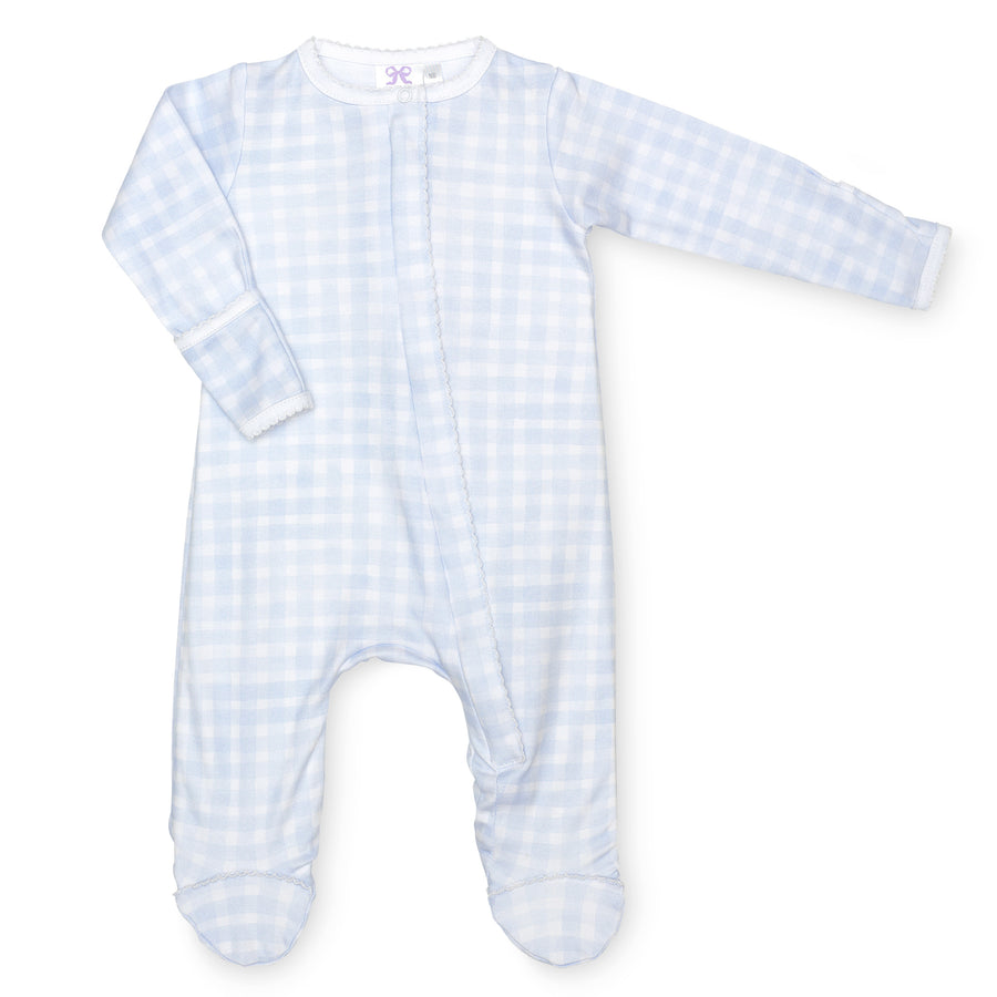 pima cotton baby one-piece zipper footie with watercolor blue gingham print