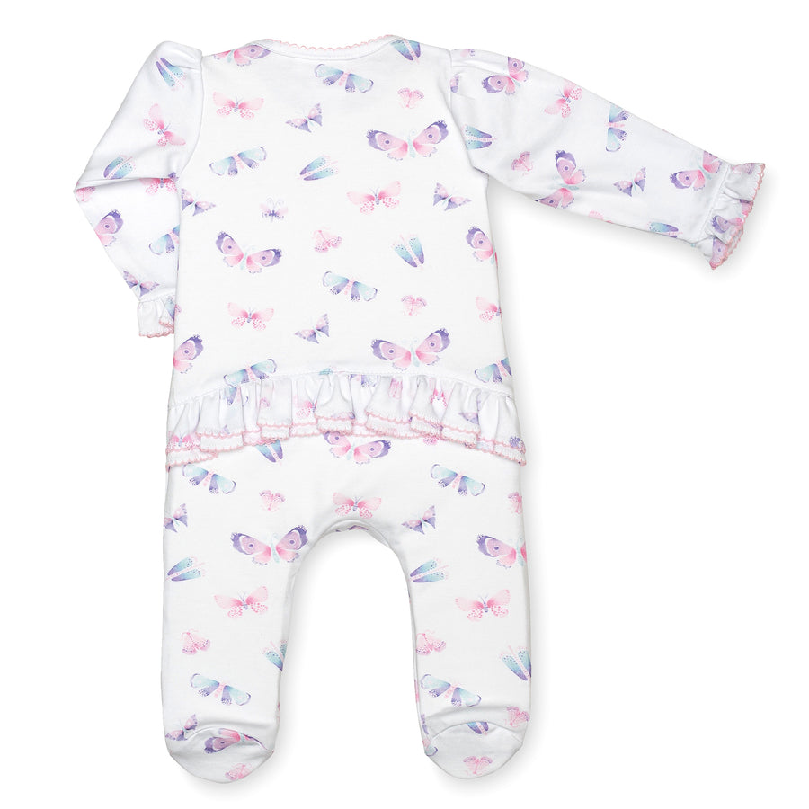 pima cotton baby one-piece zipper ruffle footie with watercolor butterfly print