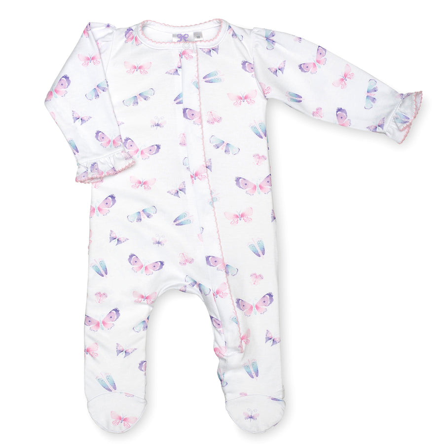 pima cotton baby one-piece zipper ruffle footie with watercolor butterfly print