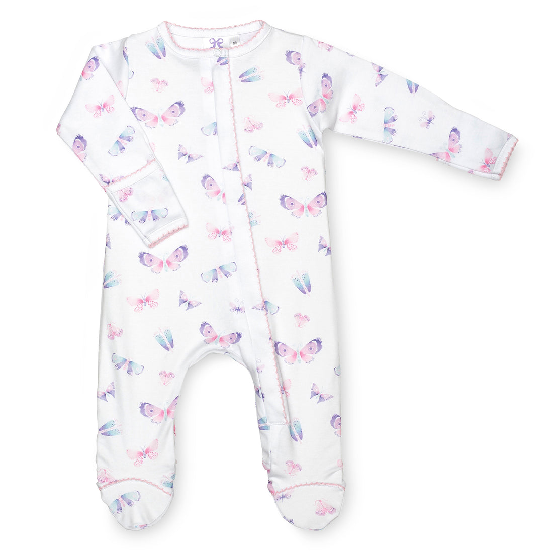 pima cotton baby one-piece zipper footie with watercolor butterfly print