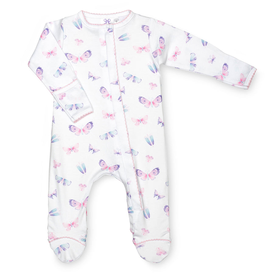 pima cotton baby one-piece zipper footie with watercolor butterfly print