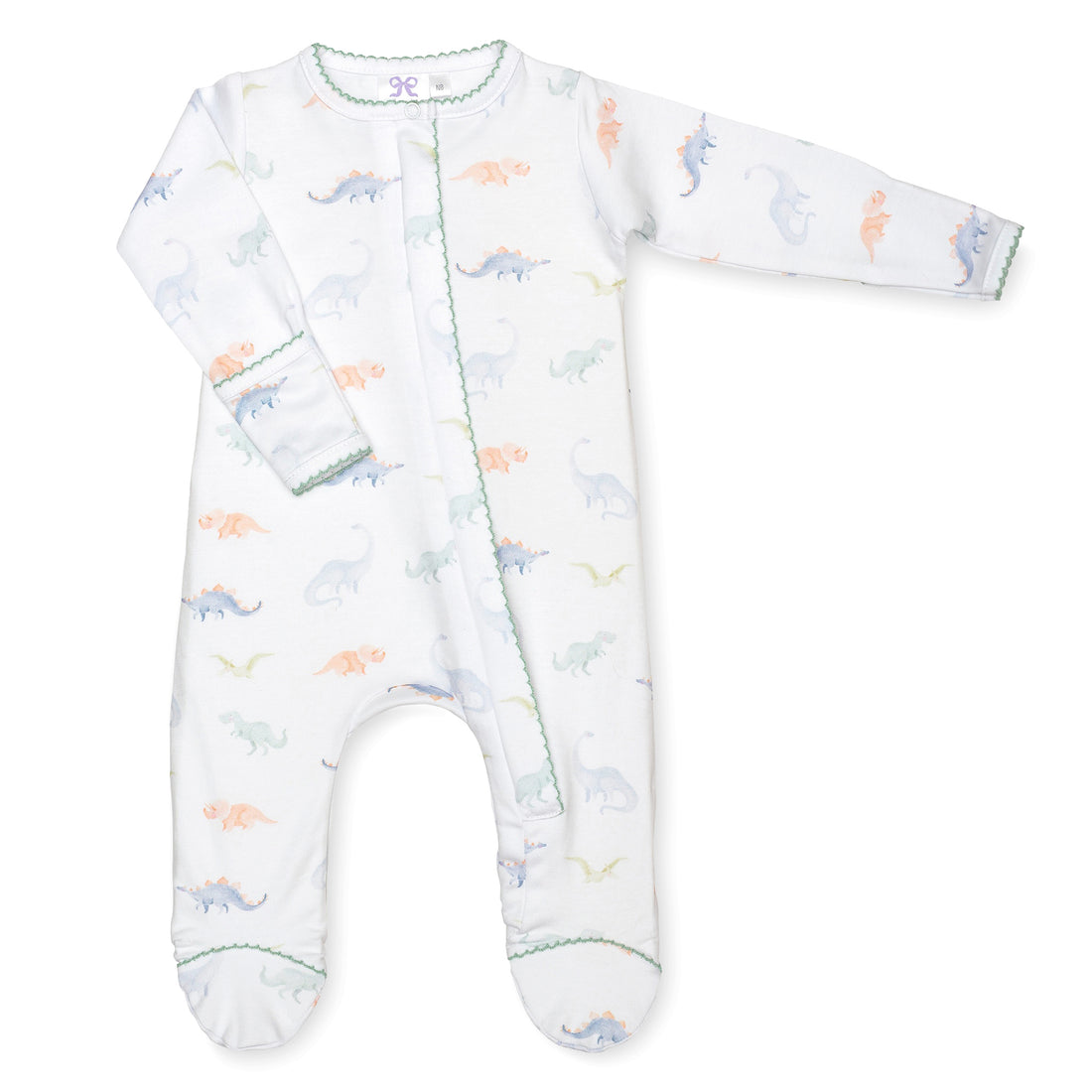 pima cotton baby one-piece zipper footie with watercolor dinosaur print