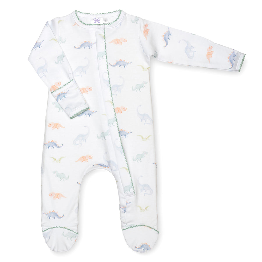 pima cotton baby one-piece zipper footie with watercolor dinosaur print