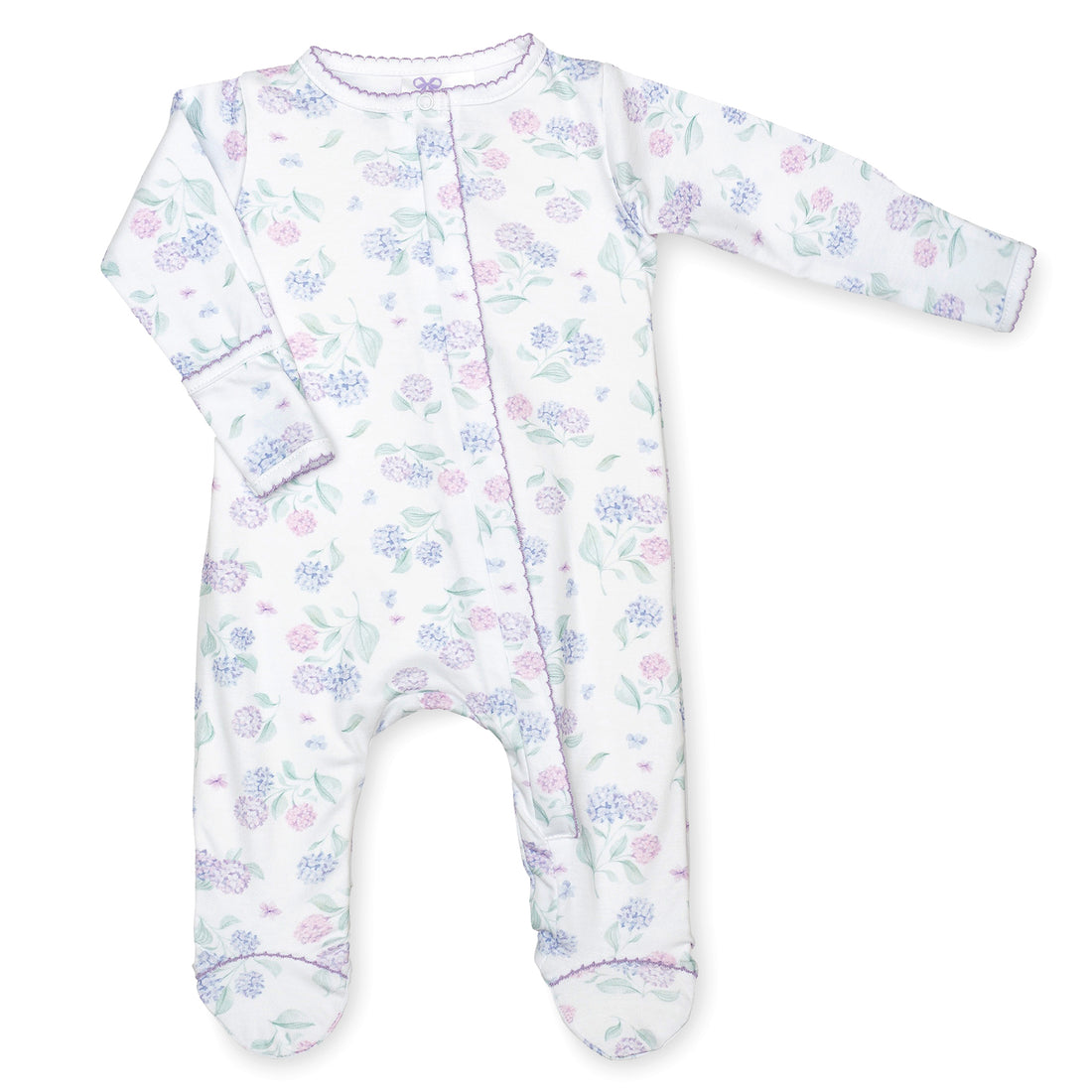 pima cotton baby one-piece zipper footie with watercolor hydrangea print