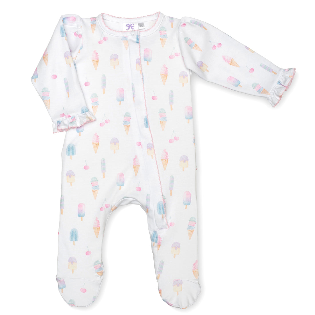 pima cotton baby one-piece zipper ruffle footie with watercolor ice cream print