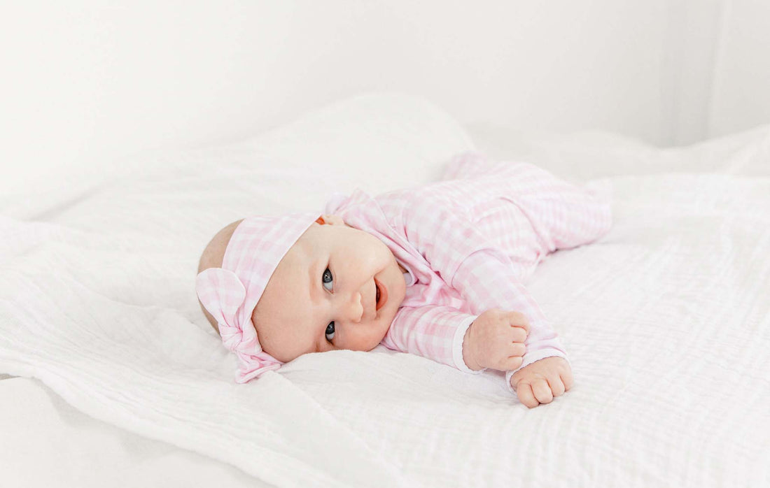 pima cotton pink gingham baby footie and headband