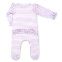 pima cotton baby one-piece zipper ruffle footie with watercolor lilac stripe print