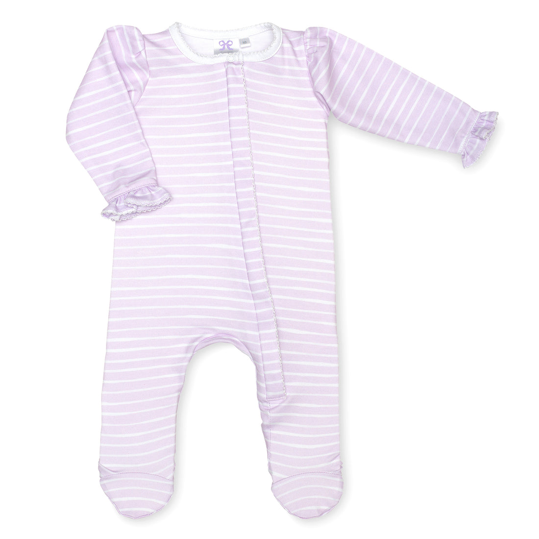 pima cotton baby one-piece zipper ruffle footie with watercolor lilac stripe print