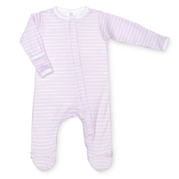 pima cotton baby one-piece zipper footie with watercolor lilac stripe print