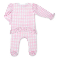 pima cotton baby one-piece zipper ruffle footie with watercolor pink gingham print