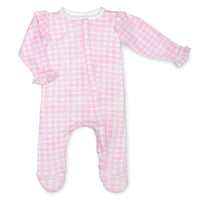 pima cotton baby one-piece zipper ruffle footie with watercolor pink gingham print