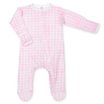 pima cotton baby one-piece zipper footie with watercolor pink gingham print