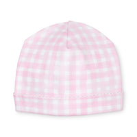 pima cotton baby beanie hat with watercolor pink gingham print