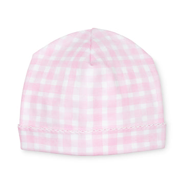 pima cotton baby beanie hat with watercolor pink gingham print