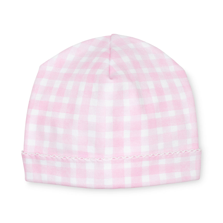 pima cotton baby beanie hat with watercolor pink gingham print