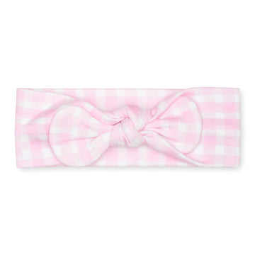 pima cotton baby knotted bow headband with watercolor pink gingham print