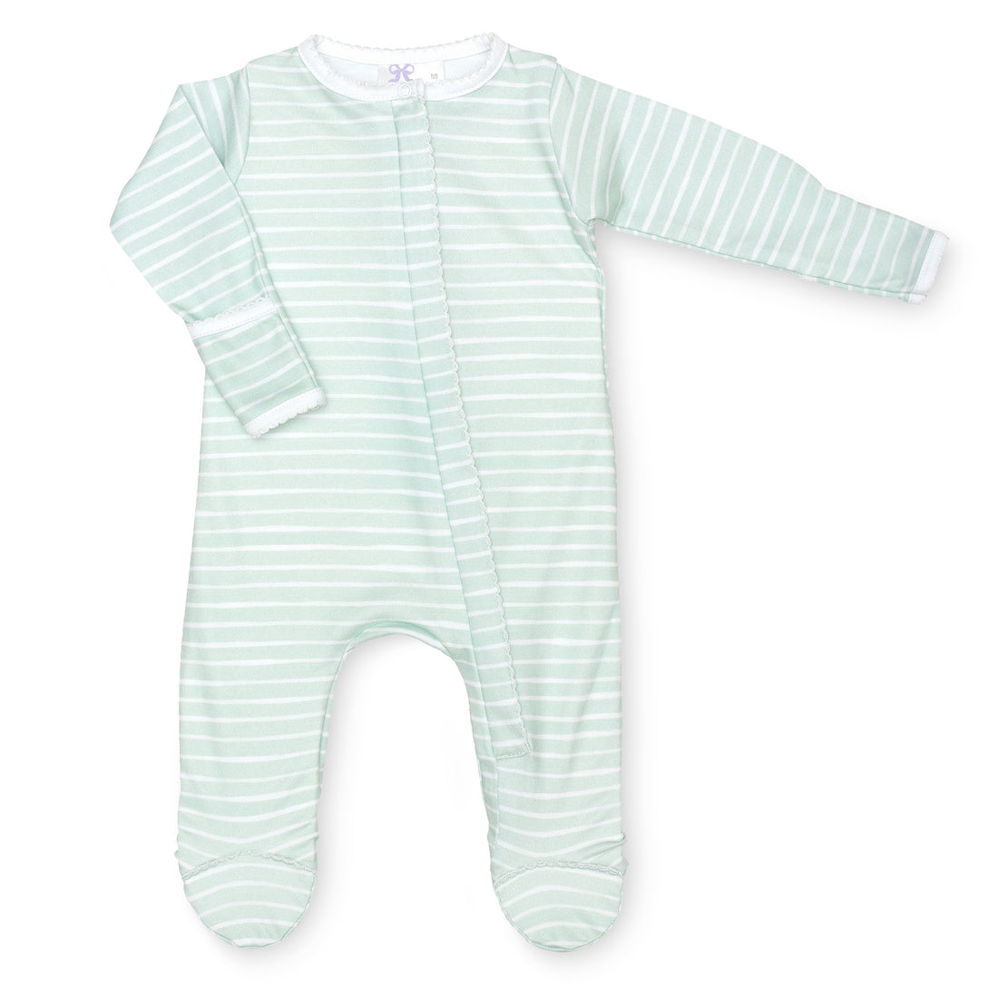 pima cotton baby one-piece zipper footie with watercolor sage stripe print